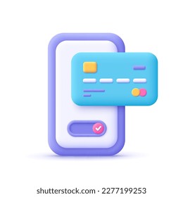 Smartphone or mobile phone and plastic credit card. Online shopping, online payment and banking concept. 3d vector icon. Cartoon minimal style.