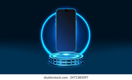 Smartphone und Handy mit Podiumspräsentationskonzept. Bühne mit Neon Arch Hintergrund. Vektorgrafik.