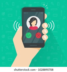 Smartphone or mobile phone ringing or calling vector illustration, flat cartoon black cellphone call or vibrate with contact info on display in hand, ring of phone icon