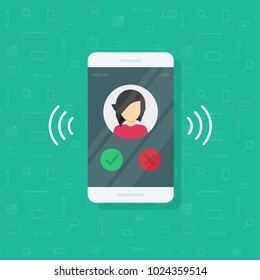 Smartphone Or Mobile Phone Ringing Vector Illustration, Flat Cartoon Cellphone Call Or Vibrate With Contact Info On Display, Ring Of Phone Icon Isolated