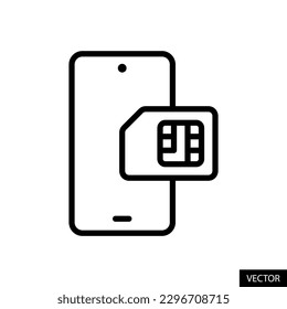 Smartphone or mobile phone and sim card vector icon in line style design for website, app, UI, isolated on white background. Editable stroke. EPS 10 vector illustration.