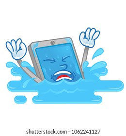 smartphone mobile phone tablet gadget which are wet from drown in water or drop in water and soak broken touch screen display need repair help. Icon illustration cartoon character flat design.