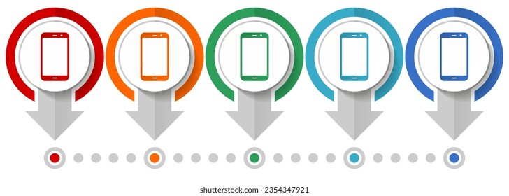 Smartphone, mobile phone vector icon set, flat design infographic template, set pointer concept icons in 5 color options for webdesign and mobile applications