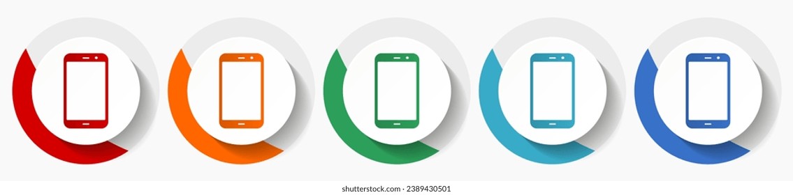 Smartphone, conjunto de iconos vectoriales de teléfonos móviles, diseño plano, iconos redondos coloridos en 5 opciones de color para diseño web y aplicaciones móviles