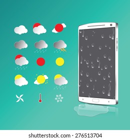 Smartphone, mobile phone with weather and drops on mobile, realistic vector illustration.