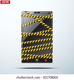 Smartphone, mobile phone wrapped danger tape. Vector illustration.