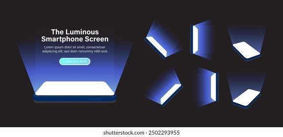 Smartphone and Mobile Screen Display with 3D Perspective and Blue Lighting - Vector Illustration