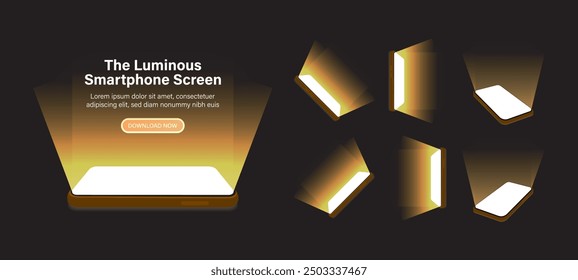 Smartphone and Mobile Screen Display with 3D Perspective and Yellow and Golden Lighting - Vector Illustration