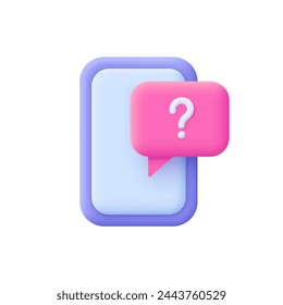 Smartphone mobile screen and speech bubble with question mark sign. FAQ, support, help and solution concept. 3d vector icon. Cartoon minimal style.