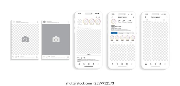 Smartphone and Mobile Social Networking App Mockup Template: Profile Gallery, Follower Grid, and News Feed Elements. Vector.