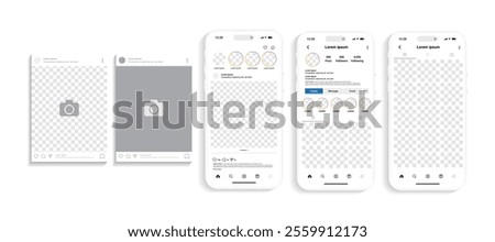 Smartphone and Mobile Social Networking App Mockup Template: Profile Gallery, Follower Grid, and News Feed Elements. Vector.