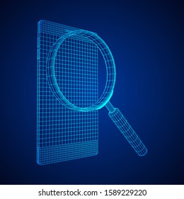 Smartphone mobile touch screen display with magnifying glass. Polygonal geometric design connected lines. Wireframe low poly mesh vector illustration.