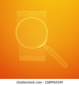 Smartphone mobile touch screen display with magnifying glass. Polygonal geometric design connected lines. Wireframe low poly mesh vector illustration.