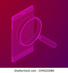 Smartphone mobile touch screen display with magnifying glass. Polygonal geometric design connected lines. Wireframe low poly mesh vector illustration.