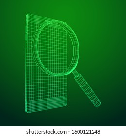 Smartphone mobile touch screen display with magnifying glass. Polygonal geometric design connected lines. Wireframe low poly mesh vector illustration.