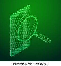 Smartphone mobile touch screen display with magnifying glass. Polygonal geometric design connected lines. Wireframe low poly mesh vector illustration.