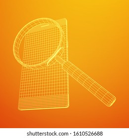 Smartphone mobile touch screen display with magnifying glass. Polygonal geometric design connected lines. Wireframe low poly mesh vector illustration.