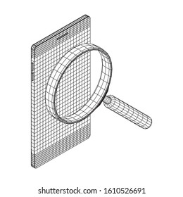 Smartphone mobile touch screen display with magnifying glass. Polygonal geometric design connected lines. Wireframe low poly mesh vector illustration.
