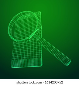 Smartphone mobile touch screen display with magnifying glass. Polygonal geometric design connected lines. Wireframe low poly mesh vector illustration.