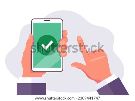 Smartphone mobile update phone checkmark tick accept confirm concept. Vector graphic design illustration