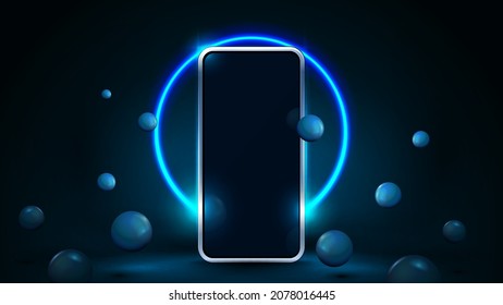 Smartphone mock up in blue scene with realistic bouncing spheres and neon ring on background.