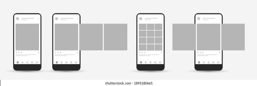 Smartphone mock up with carousel interface post on social network. Social media mobile app page template. Design of the tape profile. Vector illustration