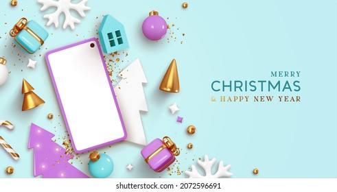 Smartphone mock up with Christmas design decorative object. Mobile screen for presentation of applications, online Internet shops, promotions for holiday, New Year's Promo Template. Top Flat lay