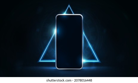 Smartphone mock up in dark scene with blue hologram neon triangle border on background