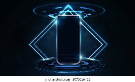 Smartphone mock up in dark scene with neon rhombus frames and hologram of digital rings in dark room