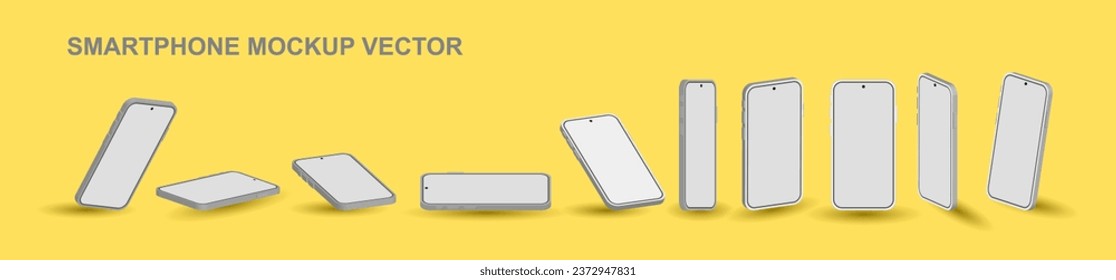 Smartphone mock up in different angles isolated vector. 3D perspective view mobile phone mockup with white empty screen isolated. Smart device UI, UX mock up for design, presentation template. Vector.