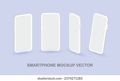 Smartphone mock up in different angles isolated vector. 3D perspective view mobile phone mockup with white empty screen isolated. Smart device UI, UX mock up for design, presentation template. Vector.