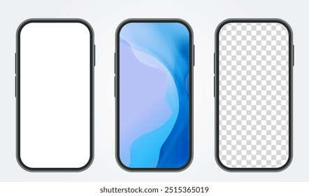 Smartphone mock up diversity screen views. Set of Phones front view mockup. Cellphone modern mobile isolated with blank screen for display your design. Vector device.	
