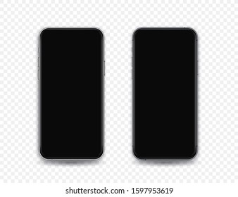 Smartphone mock up isolated on transparent background. Silver and black mobile phone with blank screen to show your app, web design. Vector device illustration in realistic style. Mobile front view.