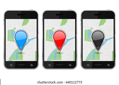 Smartphone mock up with map and location pin. Vector 3d illustration isolated on white background