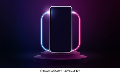 Smartphone mock up on podium with line gradient neon square frame with rounded corners.