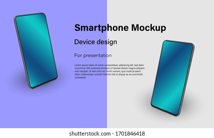 Smartphone mock up in rotated position on background. Two phone with screens in gradient color. Isometric vector illustration for device presentation, infographic, template, banner, webpage