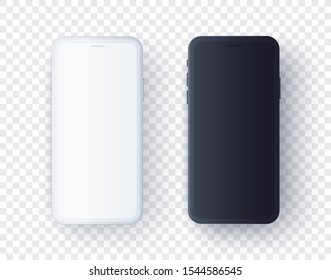 El teléfono inteligente se burla del color blanco y negro, la plantilla de teléfono móvil representa el estilo 3d. Vector ilustración realista de dispositivo móvil inteligente celular aislado.