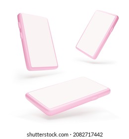 Smartphone mock up. Different angle of view to mobile phone. 3d pink template cellphone with transparent shadow. Vector illustration