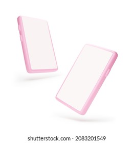 Smartphone mock up. Different angle of view to mobile phone. 3d pink template cellphone with transparent shadow. Vector illustration isolated on white background