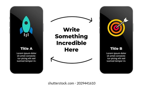 Smartphone mock up. Infographic slide template. 2 electronic devices presentation. From startup goals to business success. User interface and experience screen. 