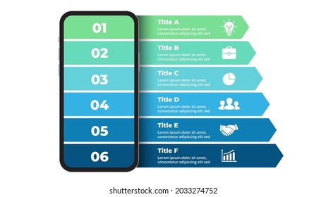 Smartphone mock up. Infographic slide template. 6 steps arrows chart. Electronic device presentation. User interface and experience screen. 