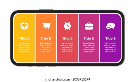 Smartphone mock up. Mobile phone. Infographic slide template. Electronic device presentation. 5 options banner. 