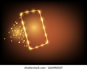 El teléfono inteligente se burla. Fondo de ciencias poligonales con puntos y líneas de conexión. Visualización de datos digitales.