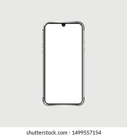 Smartphone mock up. Silver new frameless realistic concept . Isolated white background. Elegant futuristic vector work.