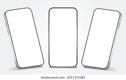 Smartphone zomba de tela branca com diferentes ângulos de visão. Conjunto de montagem de visão frontal de telefones. Celular prateado isolado com tela em branco para exibir seu design. Dispositivo móvel vetorial.	
