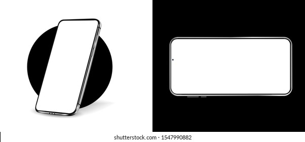 Smartphone mockup. 3D realistic cell phones mockups with blanks screens. Vector isolated set. Mockup generic device. Mobile phones. Top view. Isometric view. Black color