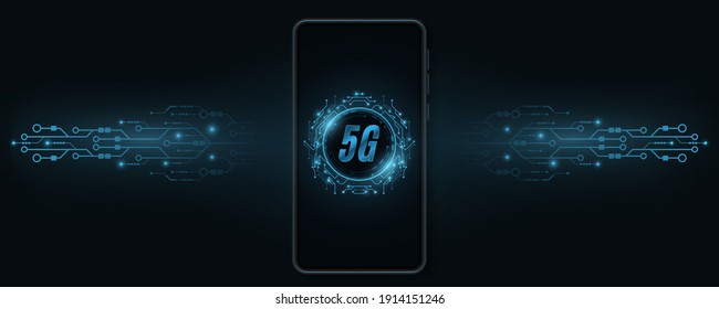 Smartphone mockup with 5G global network concept. High speed wi-fi internet connection. Hi-tech and Sci-fi graphic design. Computer circuit board pattern. Vector illustration. EPS 10.