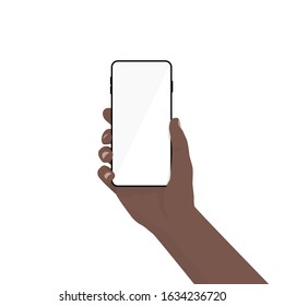 Smartphone mockup in afro hand. Black hand holding black smartphone and finger touch on blank white screen. Flat vector illustration.