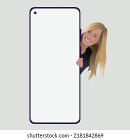 El teléfono inteligente se burla de una joven atractiva. Feliz y hermosa joven mujer mira desde atrás del teléfono. Ilustración del vector