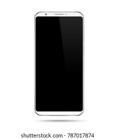 Smartphone mockup with black screen. White vector frameless smart phone, cellphone isolated on white background